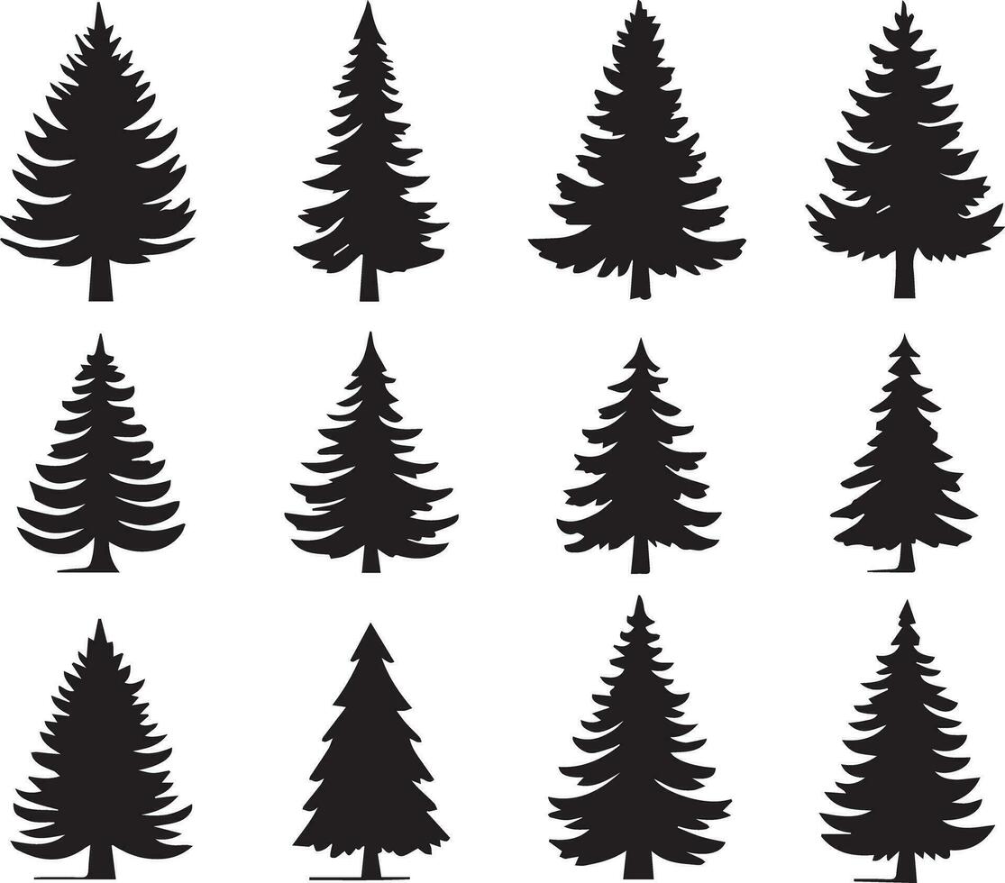 silueta sólido vector icono conjunto de Navidad árbol, Navidad árbol, abeto árbol, tannenbaum, hojas perennes, conífera, pino árbol, fiesta árbol, festivo árbol, decorado árbol, estacional árbol.