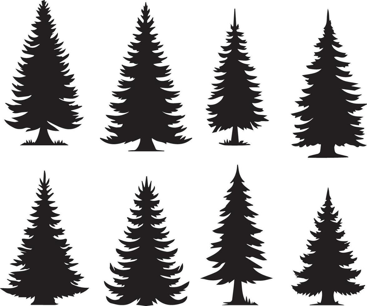 Silhouette Solid Vector Icon Set Of Christmas Tree, Yule tree, Fir tree, Tannenbaum, Evergreen, Conifer, Pine tree, Holiday tree, Festive tree, Decorated tree, Seasonal tree.