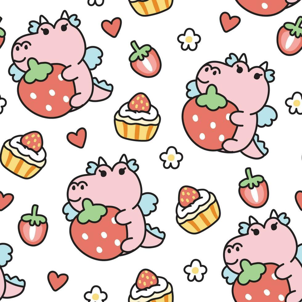 Seamless pattern of cute dragon with strawberry on white background.Chinese animal cartoon.Zodiac.Heart,cake,flower hand drawn.Baby girl clothing print screen.Kawaii.Vector.illustration. vector