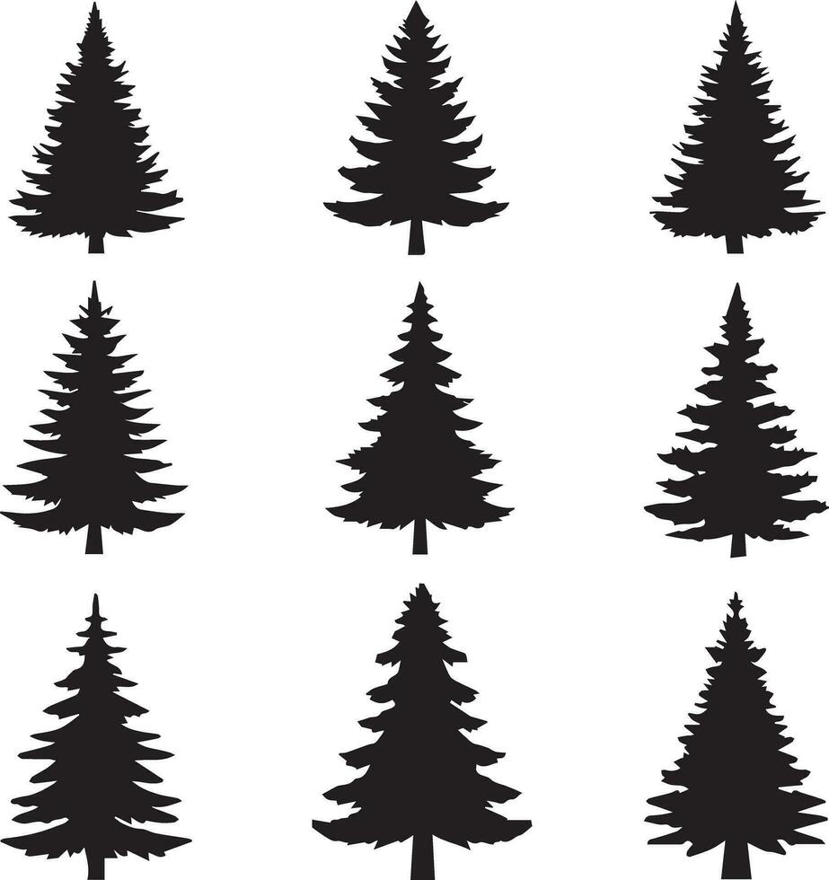 Silhouette Solid Vector Icon Set Of Christmas Tree, Yule tree, Fir tree, Tannenbaum, Evergreen, Conifer, Pine tree, Holiday tree, Festive tree, Decorated tree, Seasonal tree.