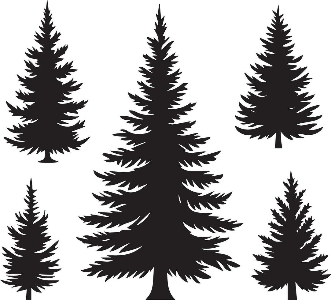 Silhouette Solid Vector Icon Set Of Christmas Tree, Yule tree, Fir tree, Tannenbaum, Evergreen, Conifer, Pine tree, Holiday tree, Festive tree, Decorated tree, Seasonal tree.