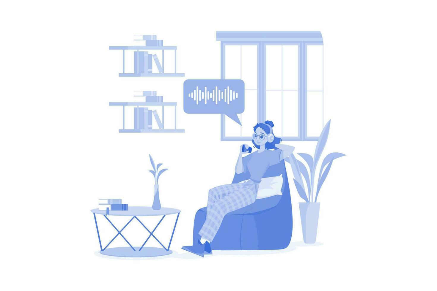 mujer escuchando un podcast mientras está sentada en una bolsa de frijoles vector