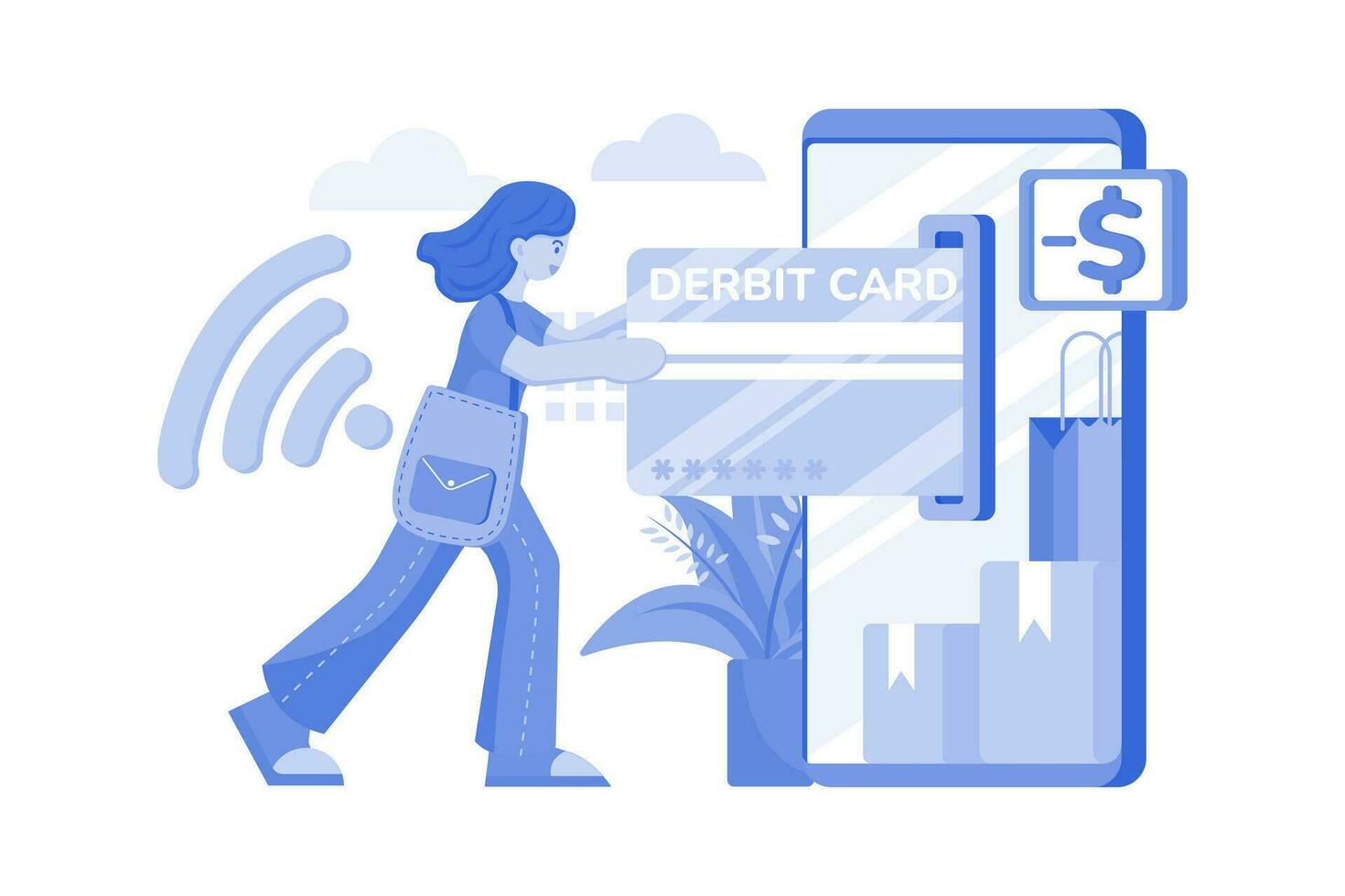 Woman paying online through debit card vector
