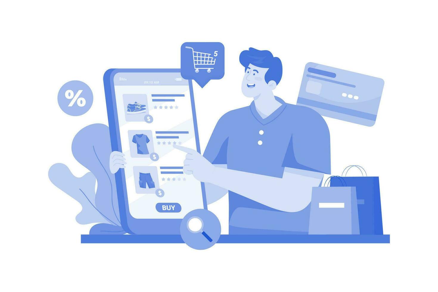 Man buying goods via the internet app vector