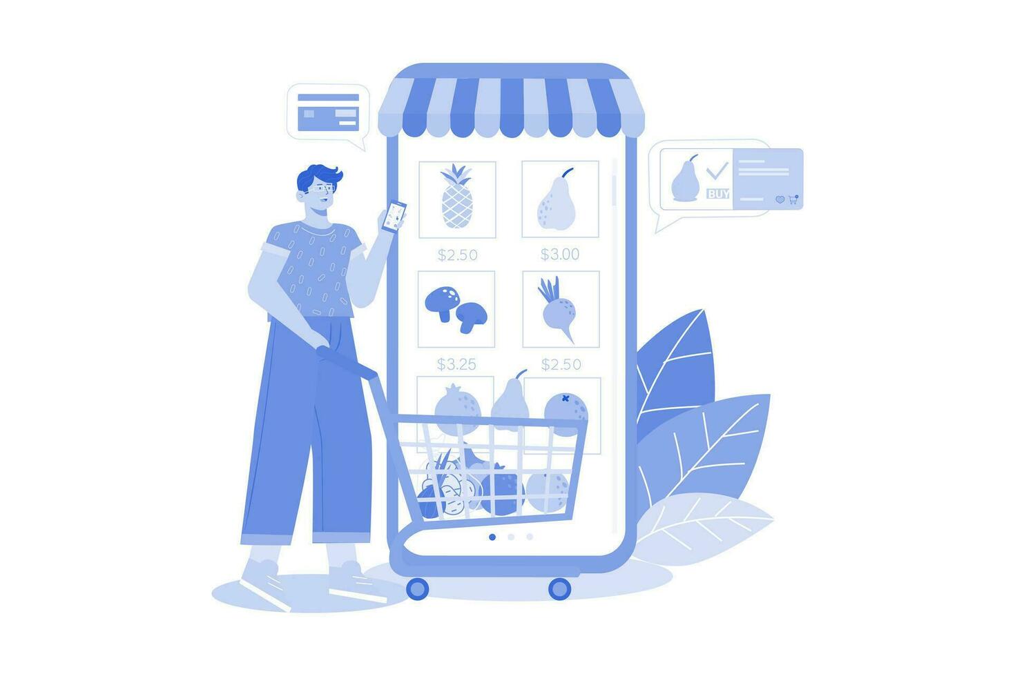 hombre compras en línea ilustración concepto en blanco antecedentes vector