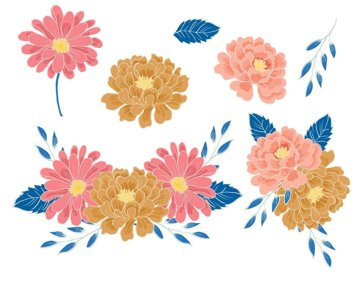 Hand Drawn Aster and Rose Flower vector