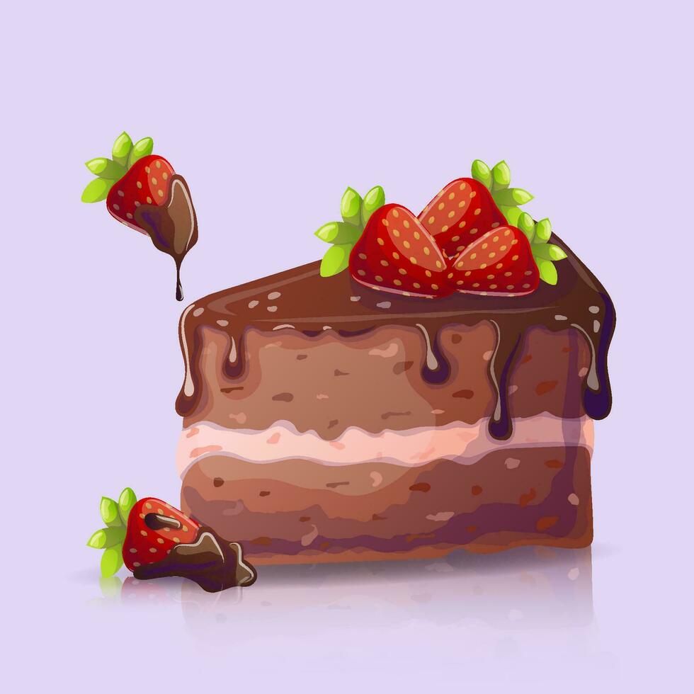 Chocolate cake and chocolate covered strawberries in cartoon style. Vector illustration for poster, banner, website, advertisement. Vector illustration with colorful sweet dessert.