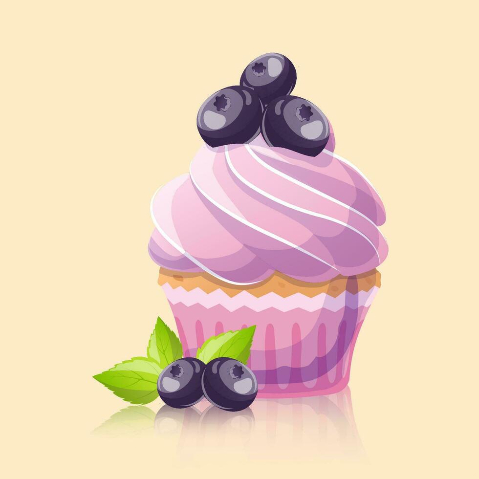 Blueberry muffin in cartoon style on purple background. Vector illustration for poster, banner, website, advertisement. Vector illustration with colorful sweet dessert.