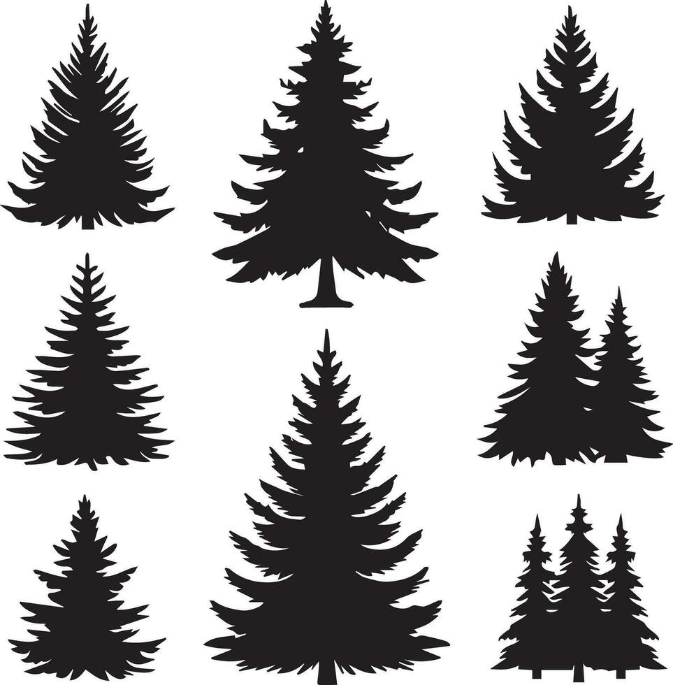 Silhouette Solid Vector Icon Set Of Christmas Tree, Yule tree, Fir tree, Tannenbaum, Evergreen, Conifer, Pine tree, Holiday tree, Festive tree, Decorated tree, Seasonal tree.