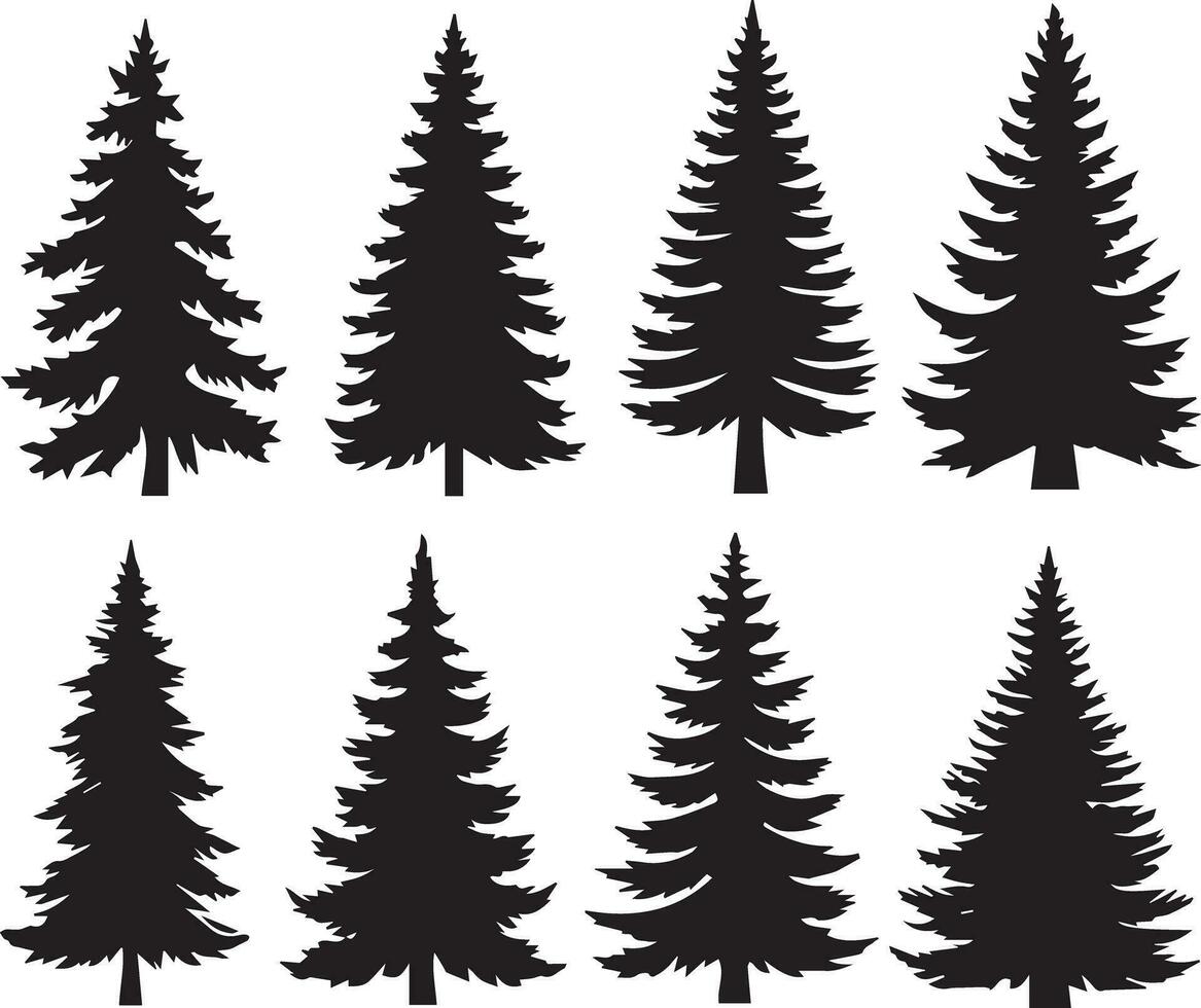 Silhouette Solid Vector Icon Set Of Christmas Tree, Yule tree, Fir tree, Tannenbaum, Evergreen, Conifer, Pine tree, Holiday tree, Festive tree, Decorated tree, Seasonal tree.