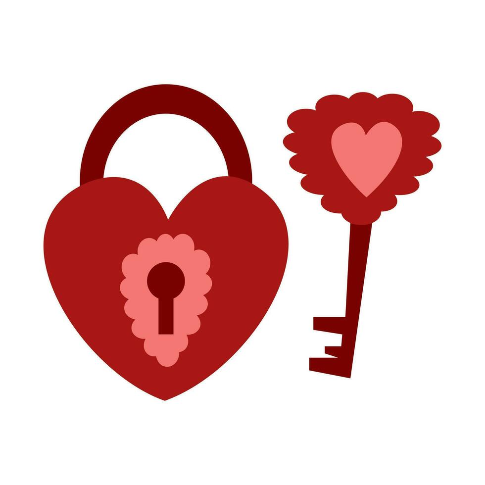 Valentine's day illustration heart shaped lock and key decorative element. Romantic love icon in flat style.Vector illustration, isolated on white background. Valentines Day cute love lock with key. vector