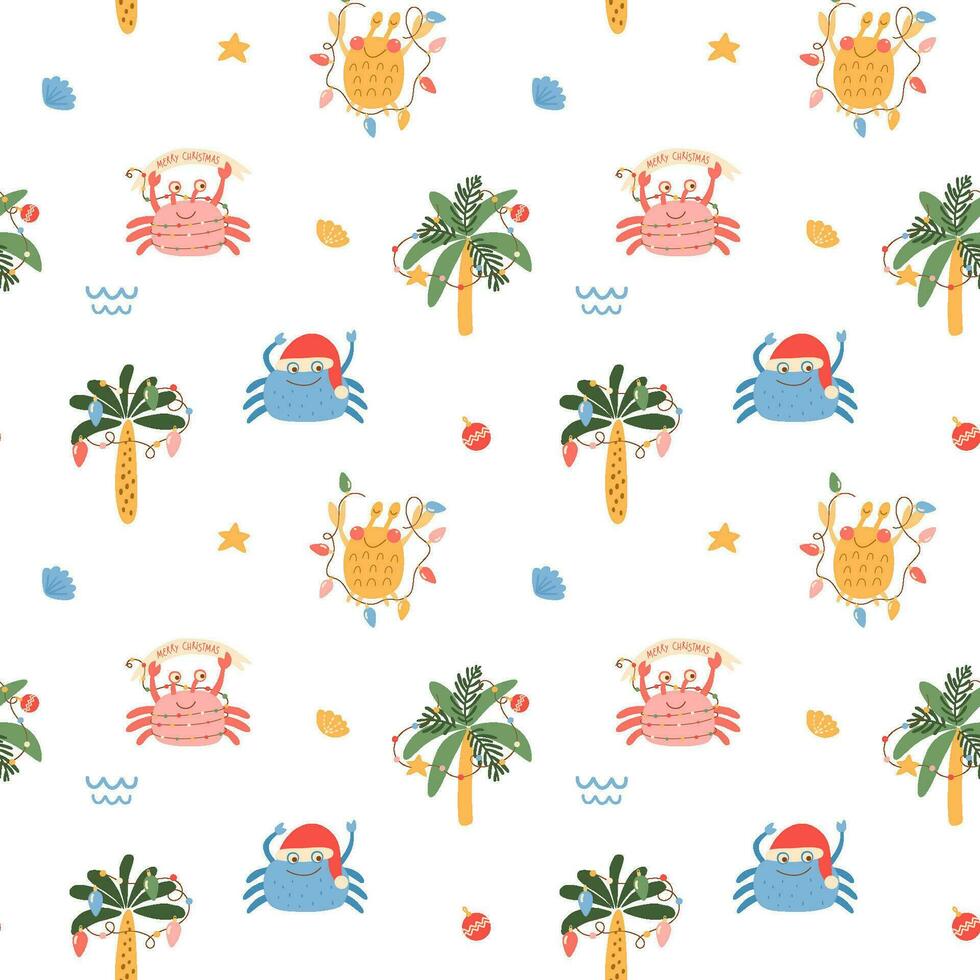 Christmas crab seamless pattern. Tropical new year party print. Vector funny print with lobsters, palm tree. Cartoon sea character illustration for wallpaper, repeat background, print, textile design.