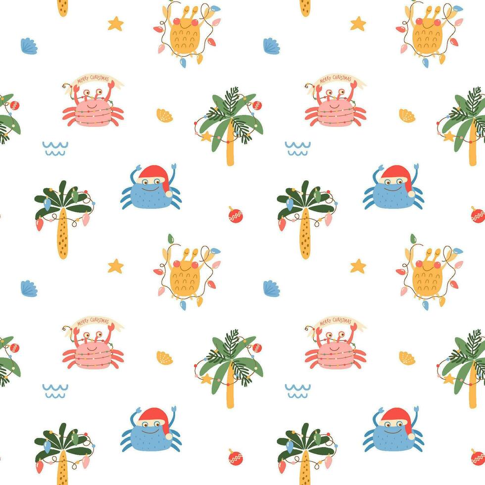 Navidad cangrejo sin costura modelo. tropical nuevo año fiesta impresión. vector gracioso impresión con langostas, palma árbol. dibujos animados mar personaje ilustración para fondo de pantalla, repetir fondo, imprimir, textil diseño.