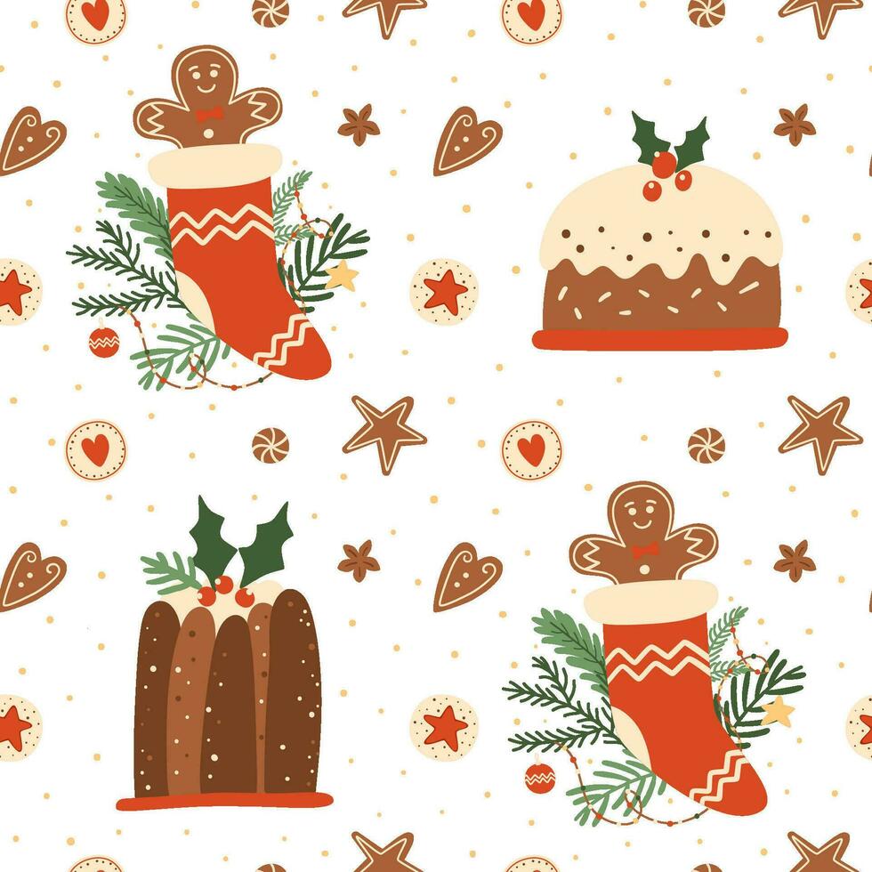 Christmas dessert seamless pattern. Pudding, gingerbread cookies repeat background in vector. Tasty winter holiday print, baking illustration, wallpaper, textile design. New Year food illustration. vector
