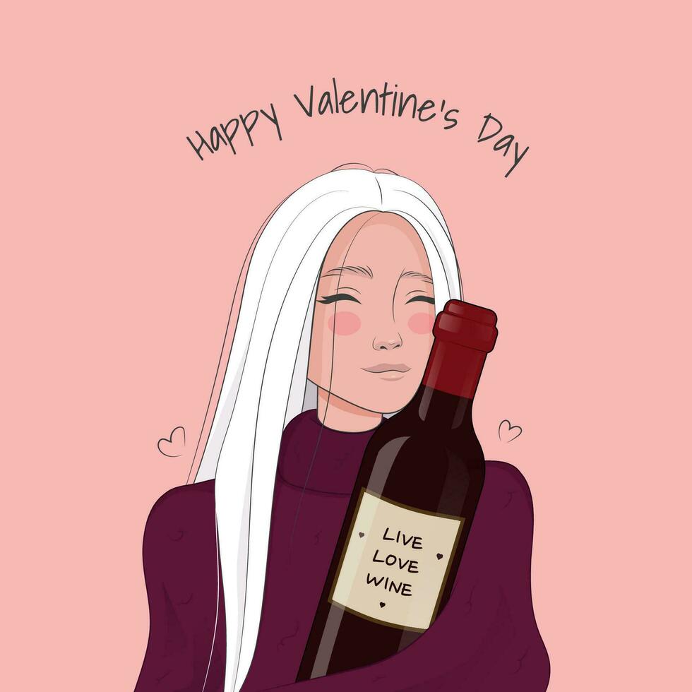 Woman in a sweater hugging a big bottle of wine. Funny Valentines day poster. vector