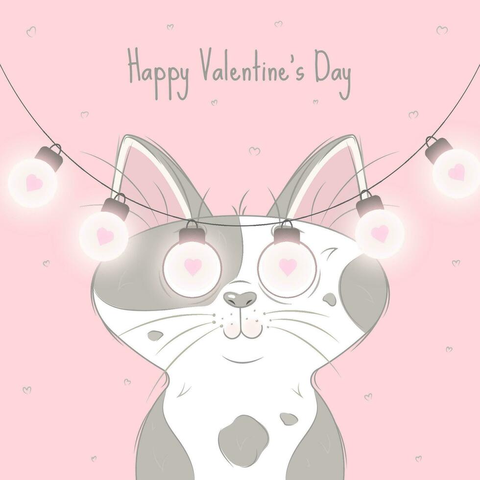 St. Valentine Illustration of the cat with lights garland on pink background vector