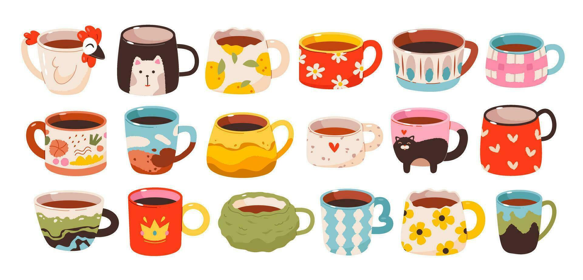 Cups of tea and coffee drinks set. Cute trendy hand drawn mugs with ornaments. Ceramic Crockery. Flat vector illustration isolated on white background.