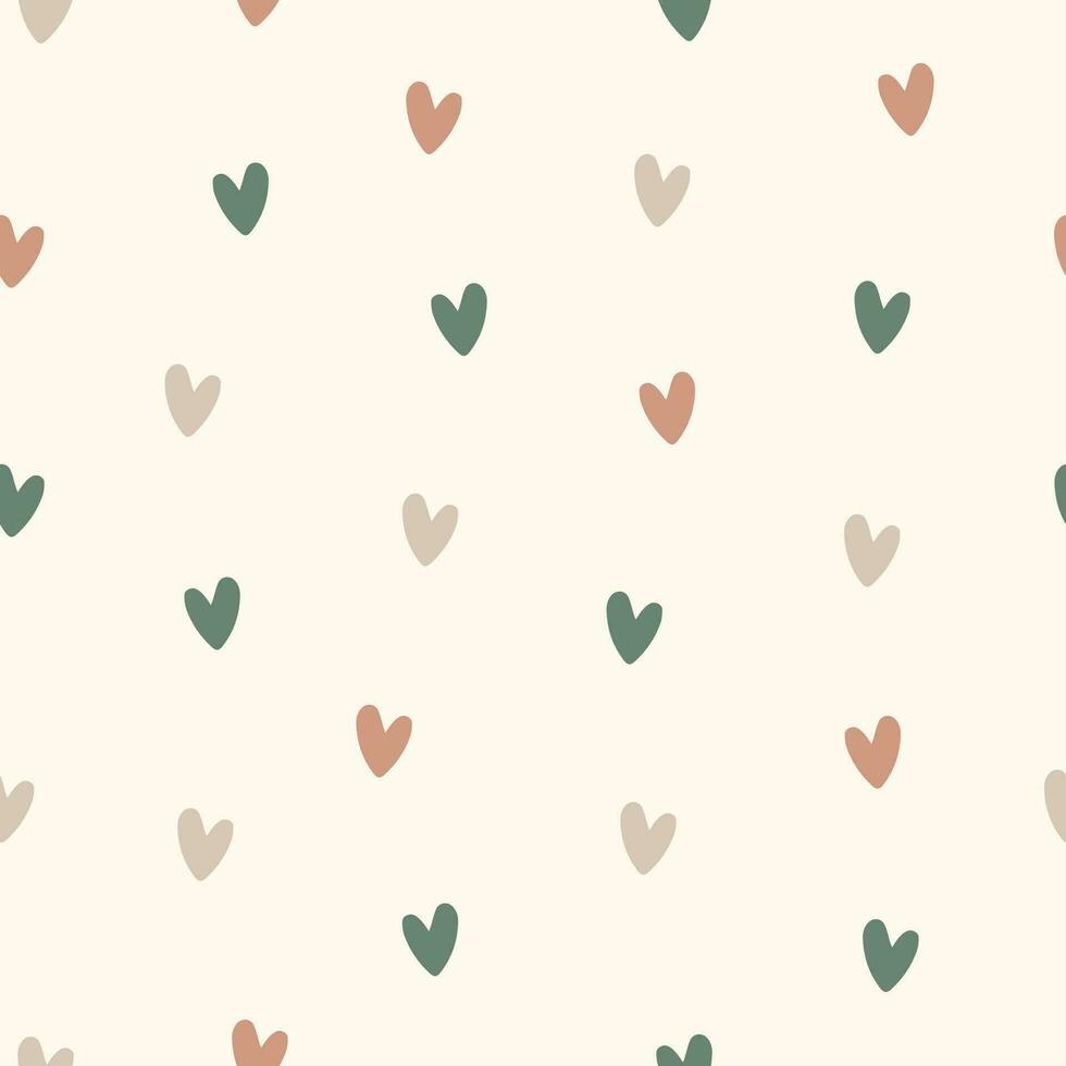 Hand drawn seamless vector pattern of small pastel colored hearts in boho style on a milky background.