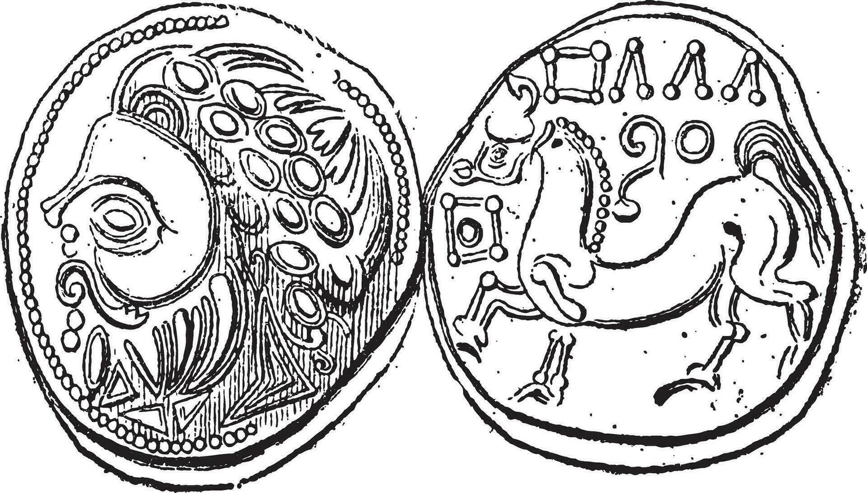 Ancient Celtic Didrachma Coin, vintage engraving vector