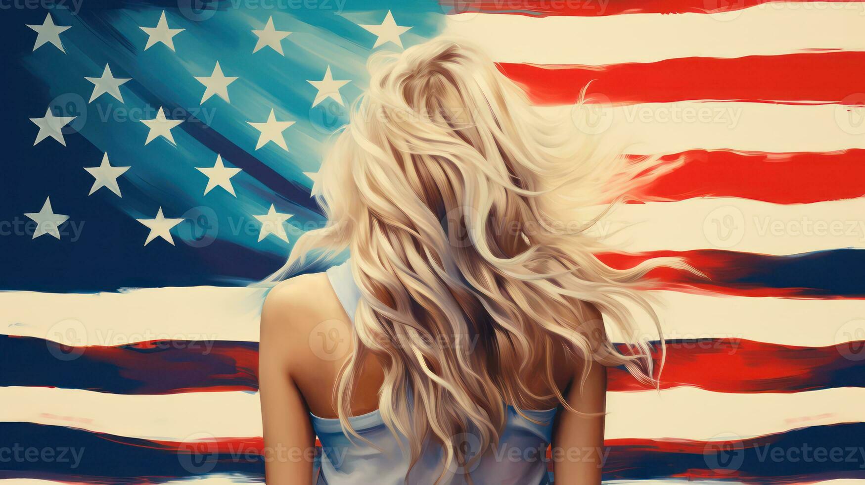 AI generated Grunge drawing of blonde girl on background of American flag, view from the back. Generative AI photo