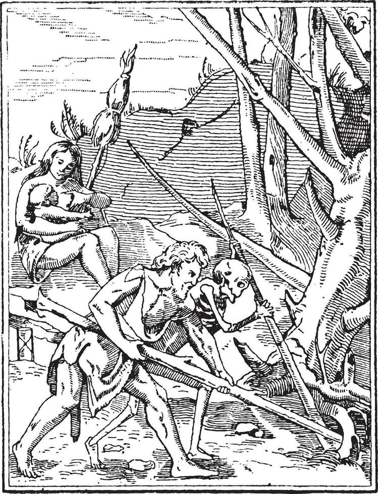 Artwork of Adam and Death Working the Land, vintage engraving vector