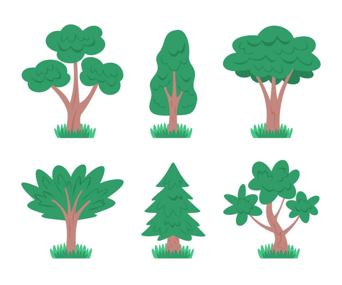 Set of Hand Drawn Flat Tree Plants Illustration Clip Art Isolated on White Background vector