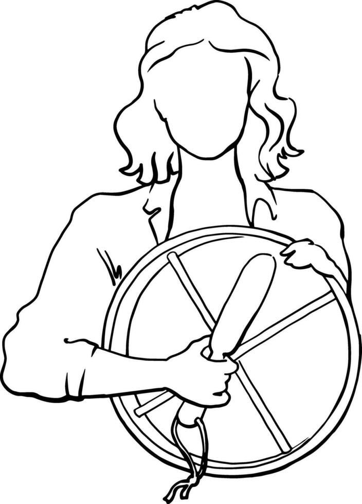 The girl is holding a tambourine and a hammer. Linear quick sketch without a face. Vector image of a person with a line. For printing advertisements, posters, business cards, banners.