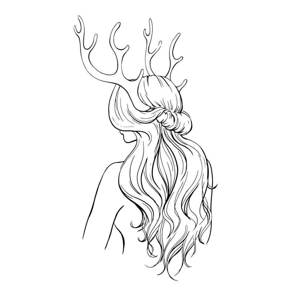 Graphic drawing by hand Image of a naked girl with deer antlers. For website design, business cards, hairdresser, labels for hair care products. Vector collection of HAIR JEWELRY. Magic.