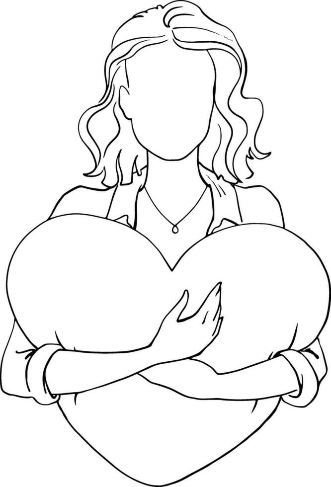 The girl hugs a big soft heart. Linear quick sketch without a face. Vector image of a man with a line. For printing advertisements, posters, business cards, banners. For medicine and spa.Work and care