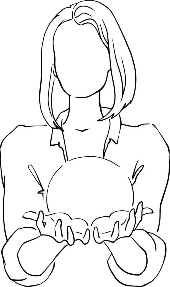The girl holds a ball in front of her on her palms. Linear quick sketch without a face. Vector image of a man with a line. For printing advertisements, posters, business cards, banners.