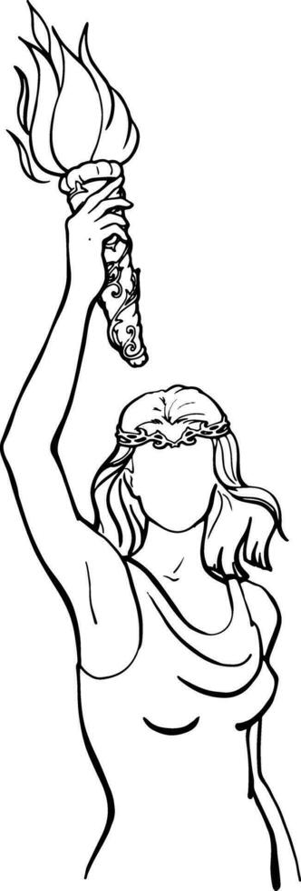 The girl holds a torch above her. Linear quick sketch without a face. Vector image of a man with a line. For printing advertisements, posters, business cards, banners. Greek goddess, sport and victory