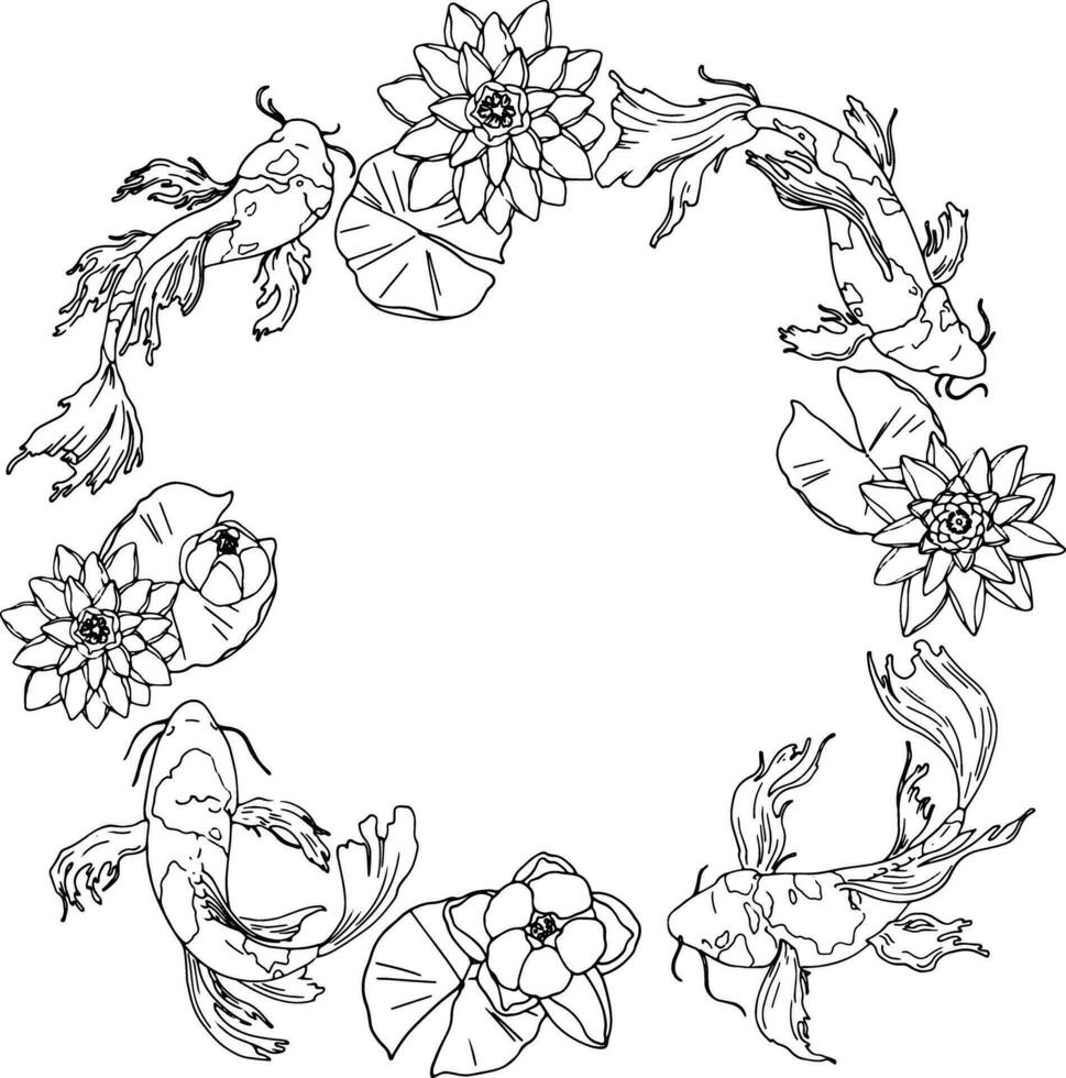 Japanese carp swims among water lilies. View from above. Line drawing of koi fish. Frame in the form of a Japanese pond. space for text on packaging, invitations, cards, websites, etc. vector image.