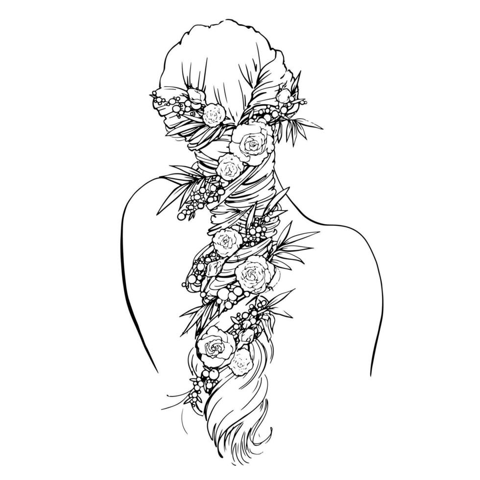 Vector graphics line drawing of a young woman with flowers