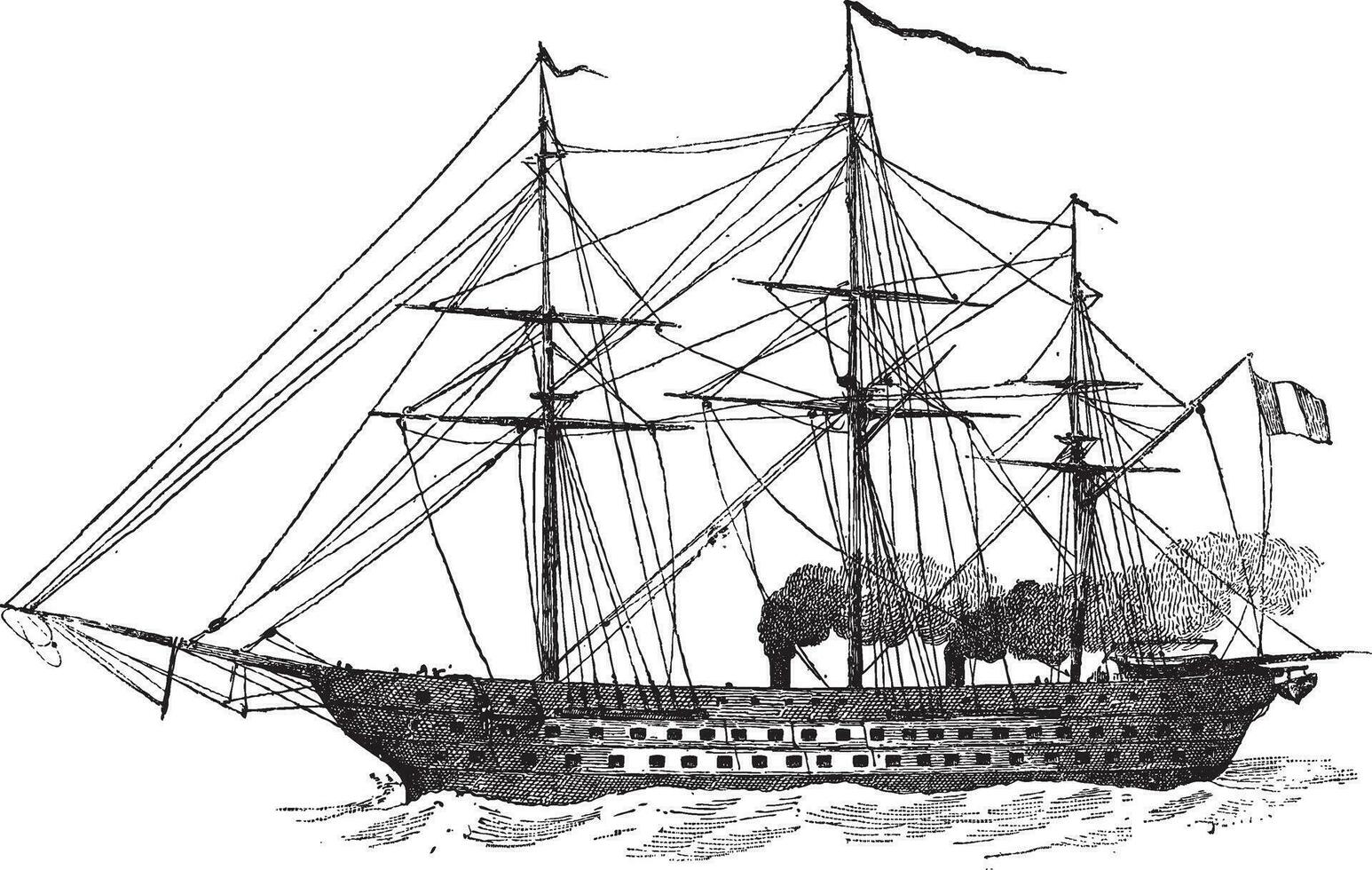 el Napoleón, francés barco, Clásico grabado vector