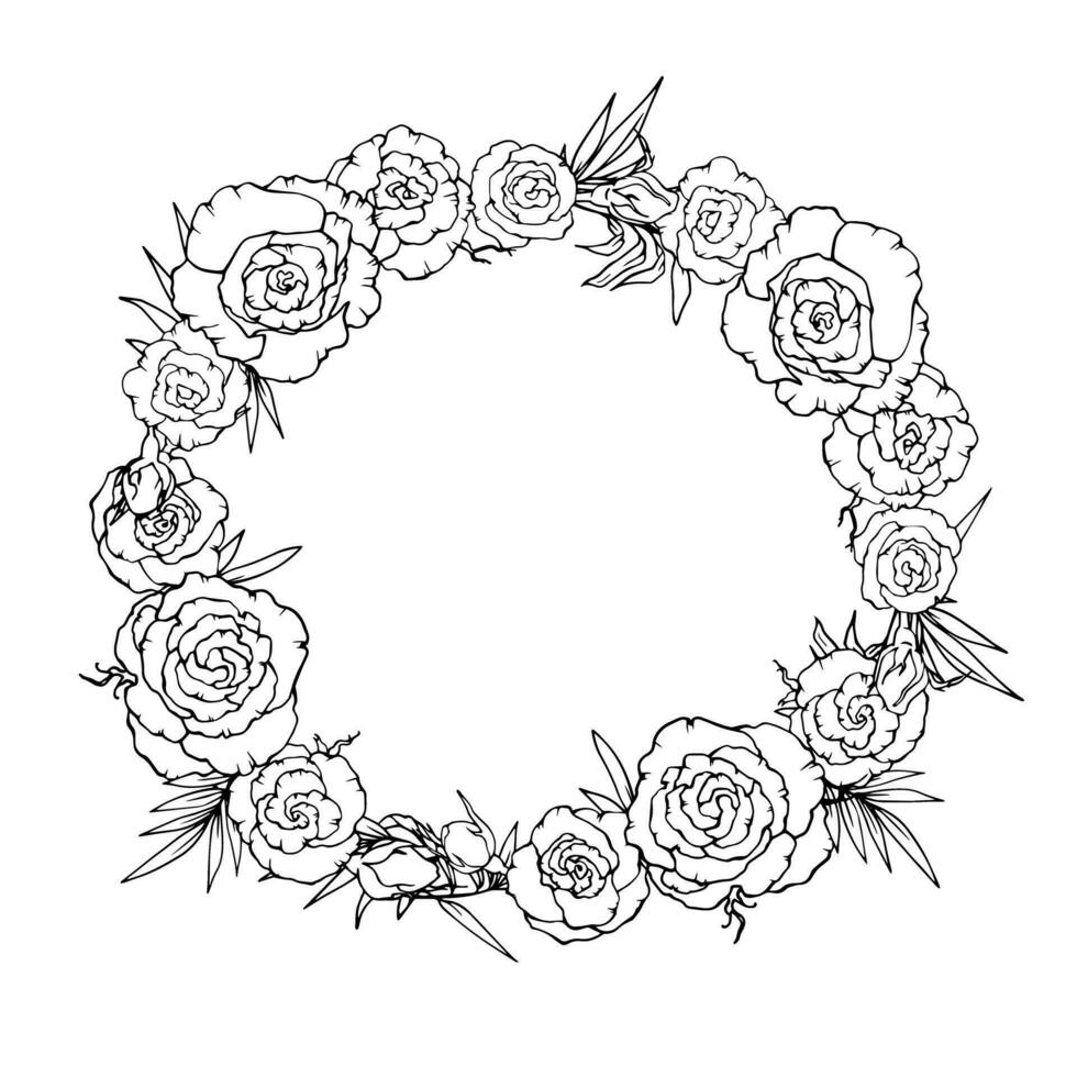 Vector graphics. Linear freehand drawing of a wreath of roses. From the collection HAIR DECORATION. For the design of websites, business cards, labels, printing posters on textiles and dishes.