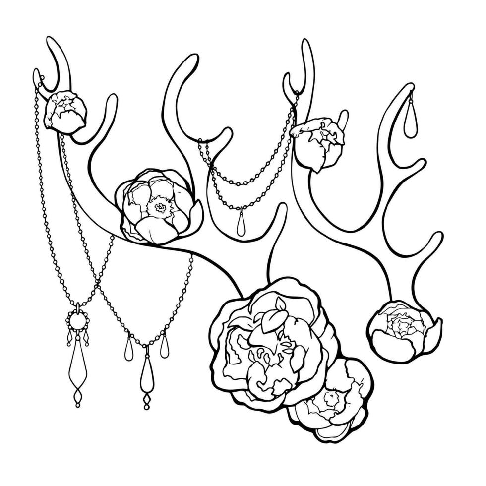 Graphic freehand drawing Image of jewels and flowers with deer antlers. For website design, business cards, hairdresser, labels for hair care products. Vector collection of HAIR DECORATIONS.