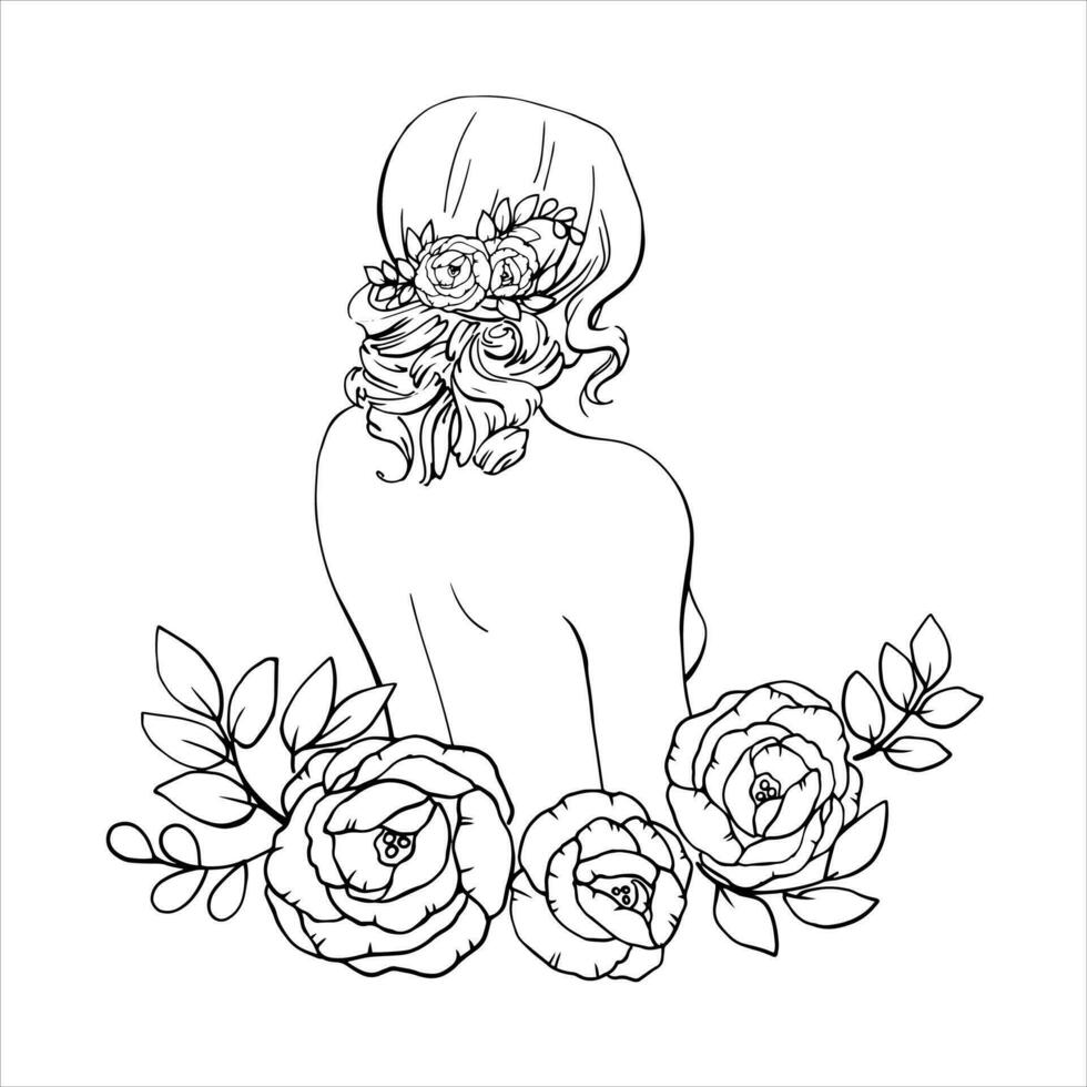 Graphic drawing by hand. Image of a naked girl with a long female hairstyle and flowers. For the design of the site, business cards, hairdresser, labels for hair care products. Vector. vector