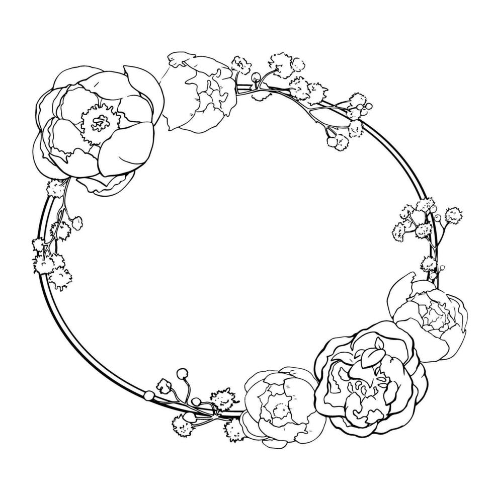 Vector graphics. Linear freehand drawing of peonies frame. From the collection HAIR DECORATION. For the design of websites, business cards, labels, printing posters on textiles and dishes.