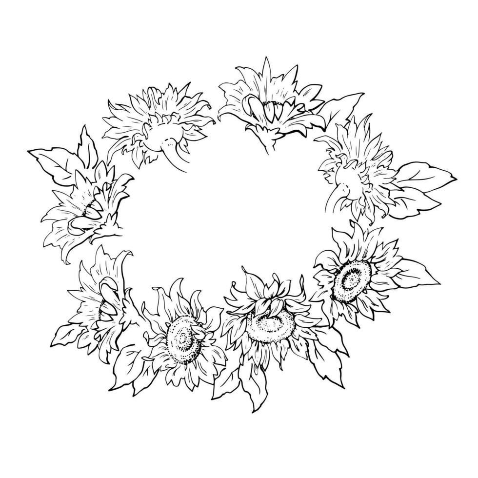 Vector graphics. Linear freehand drawing of a wreath of sunflowers. From the collection HAIR DECORATION. For the design of websites, business cards, labels, printing posters on textiles and dishes.