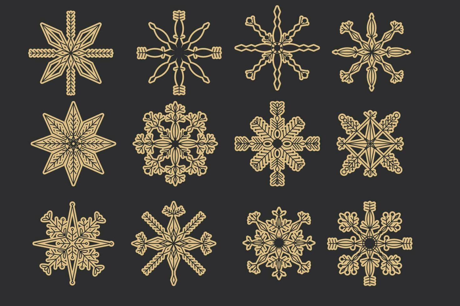 Set Golden snowflake crystal elegant line christmas decoration on dark background, collection winter ornament frozen element. Vector illustration