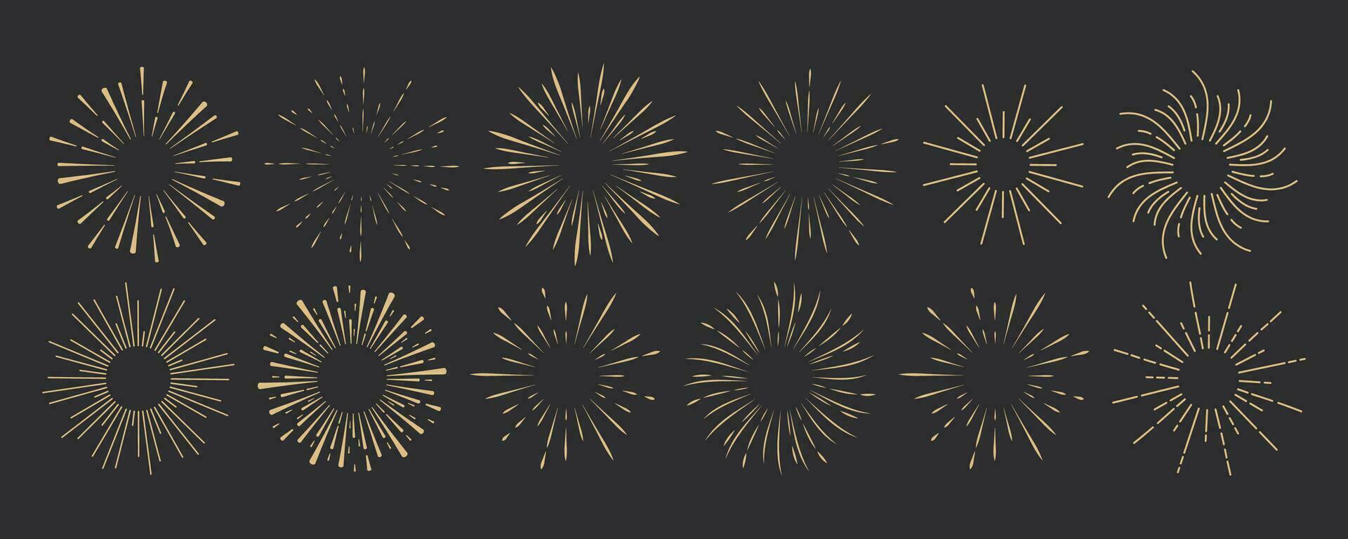 Set golden Fireworks, rays, sunburst frames circle border decoration, sparkle in doodle style, line sketch explosion isolated on dark background. Vector illustration