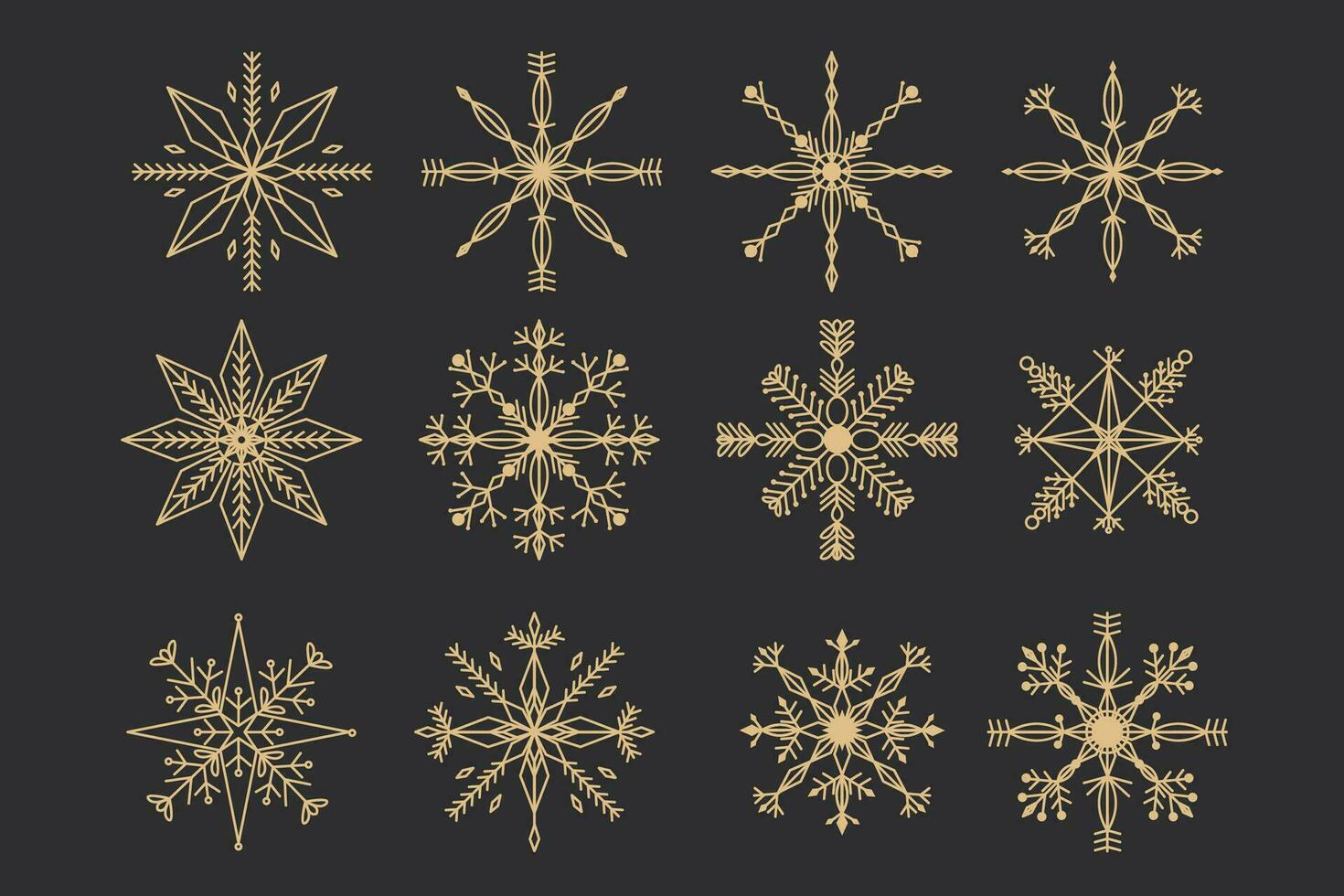 Set Golden snowflake crystal elegant line christmas decoration on dark background, collection winter ornament frozen element. Vector illustration