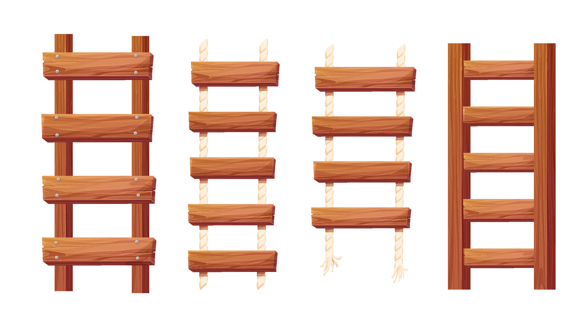 Set Wooden ladder with rope, planks hanging, staircase in cartoon style