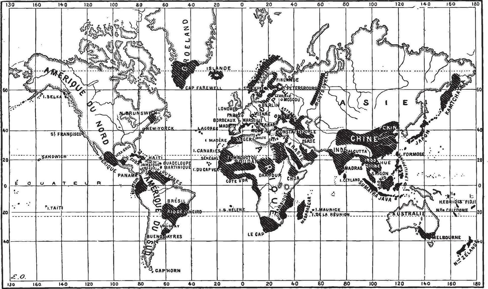 mapa de el geográfico ocurrencia de lepra, Clásico grabado vector