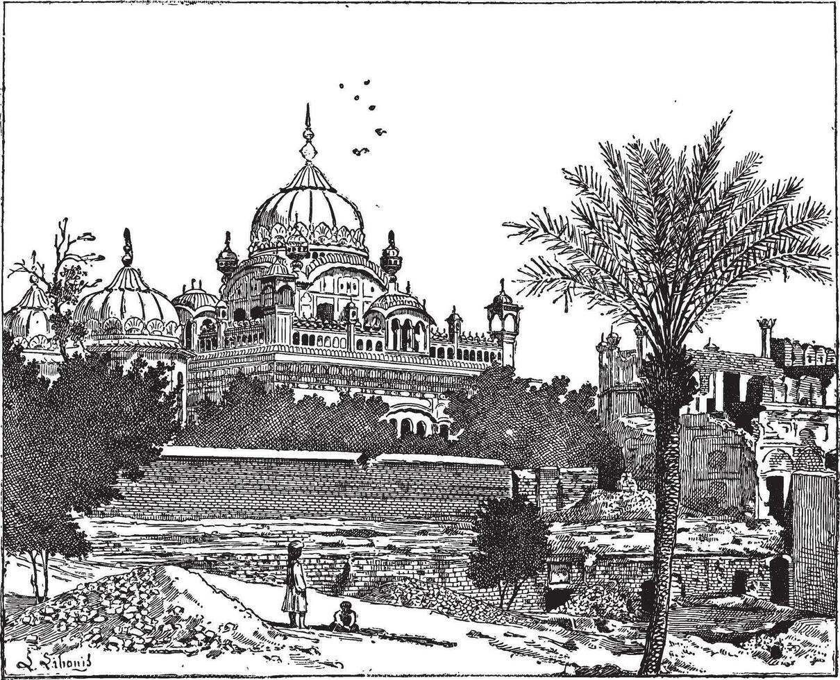 mausoleo de Ranjit singh, lahore, Pakistán, Clásico grabado. vector