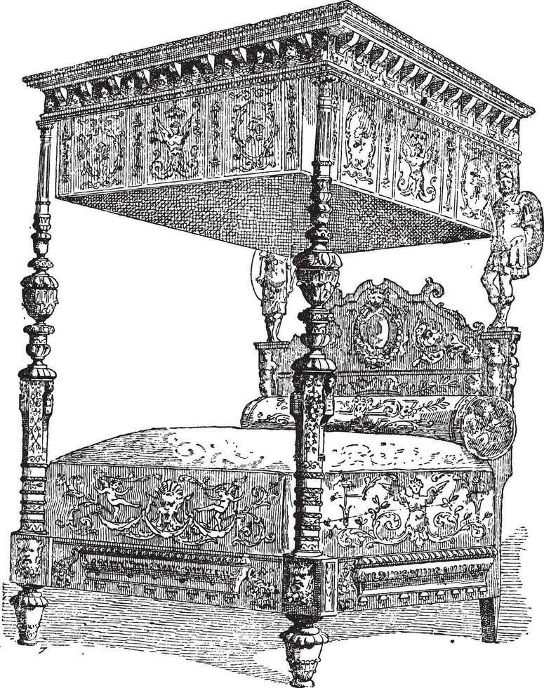 16 siglo cama a el nacional museo de el medio siglos en París, Francia, Clásico grabado vector