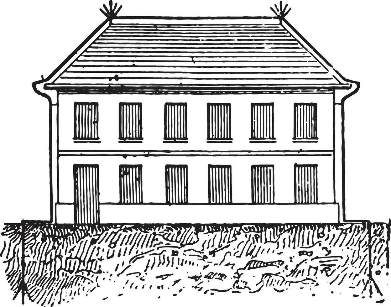 Lightning protected building, vintage engraving. vector
