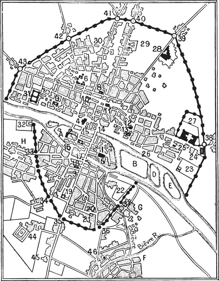 Map of Paris in The era of Charles V, vintage engraving. vector