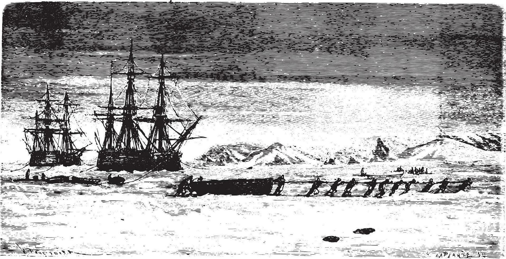 Ships trapped in ice at Spitsbergen, vintage engraving. vector
