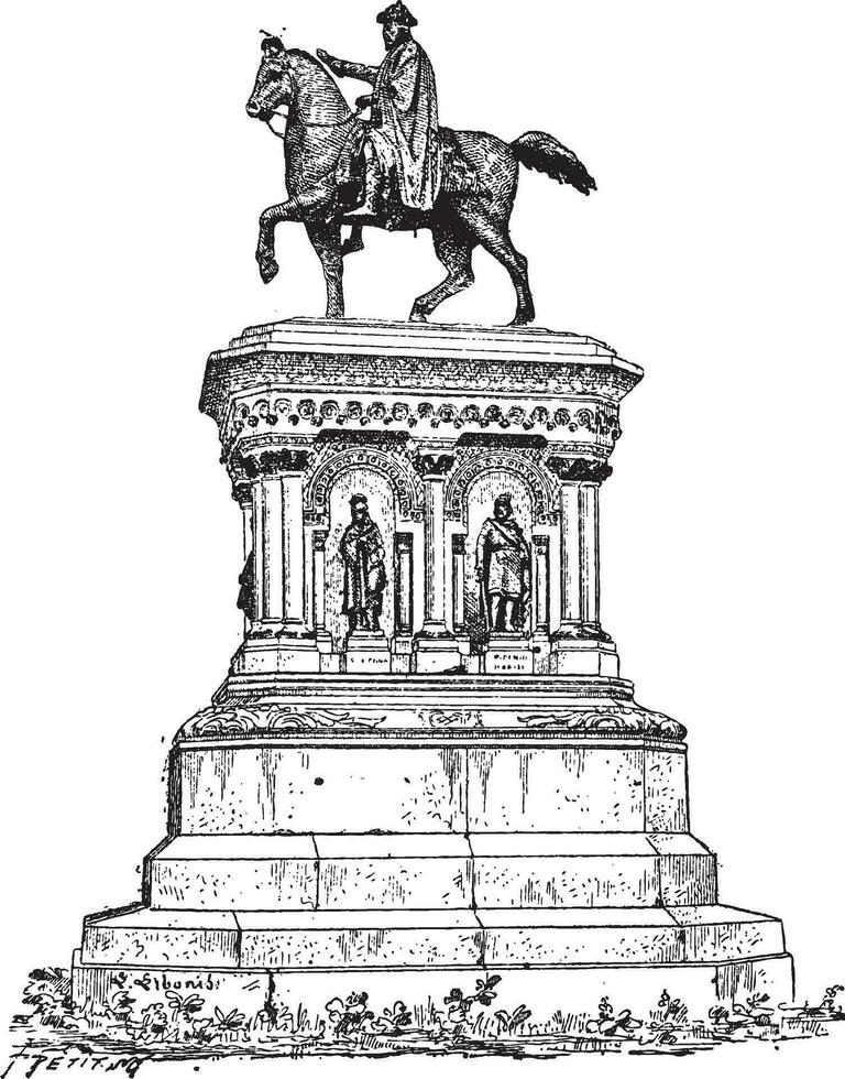 estatua de Carlomagno en feudal, Bélgica, Clásico grabado vector